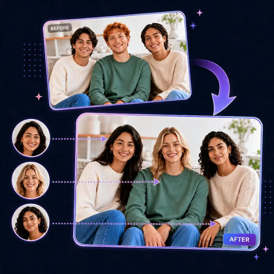 Multiple face swap AI example - several faces replaced in one group photo