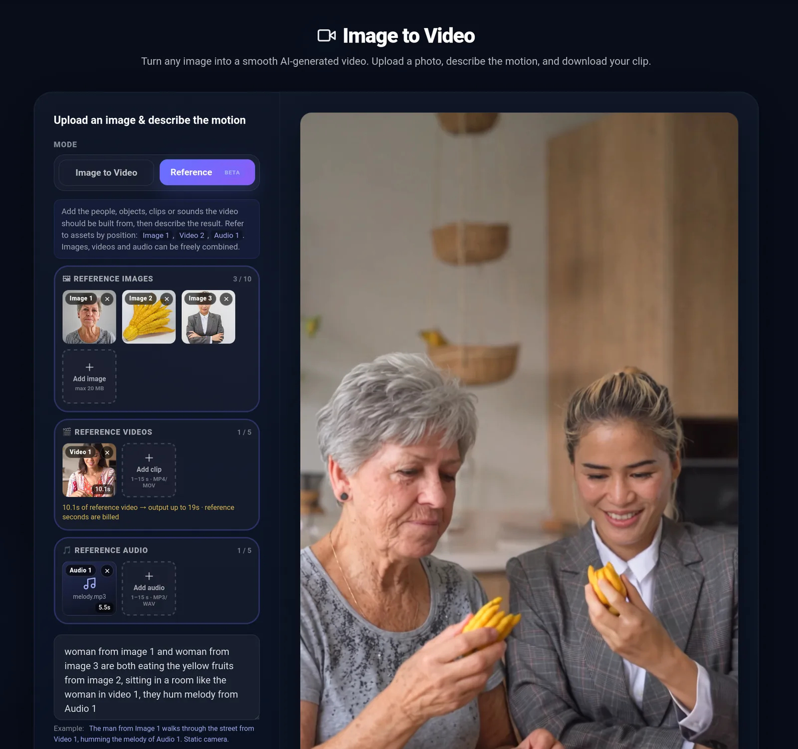 Reference mode in Facy Image to Video: three reference images, one reference video, one reference audio file, the written prompt, and the finished video showing both women eating the yellow fruit.