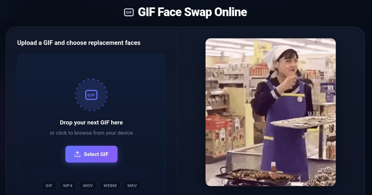 GIF face swap workflow with an animated source, replacement face photos, and a finished GIF